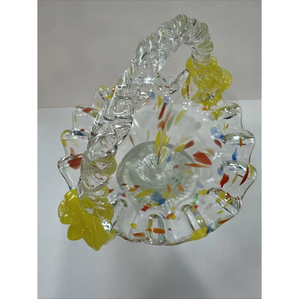 Vintage Hand Blown Art Glass Basket Confetti Spatter Ruffled Yellow Floral 6